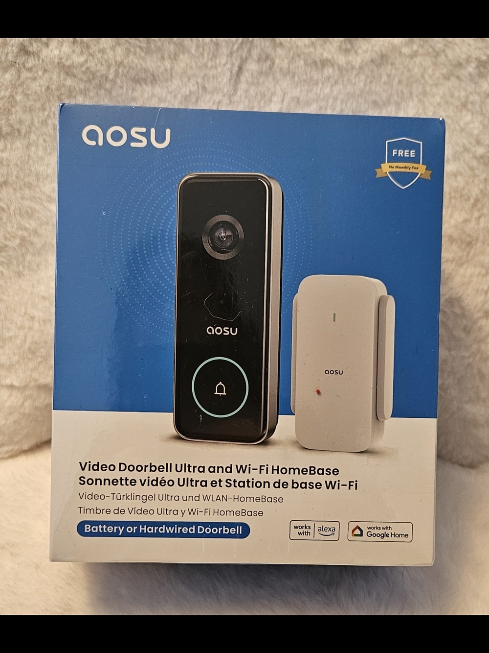 AOSU Video Doorbell Ultra with Wi‑Fi HomeBase — Black and White